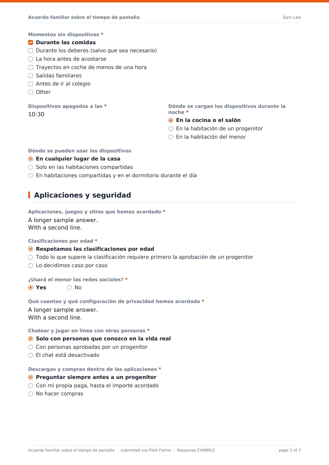 Acuerdo familiar sobre el tiempo de pantalla — PDF de respuesta de ejemplo, página 2 de 3