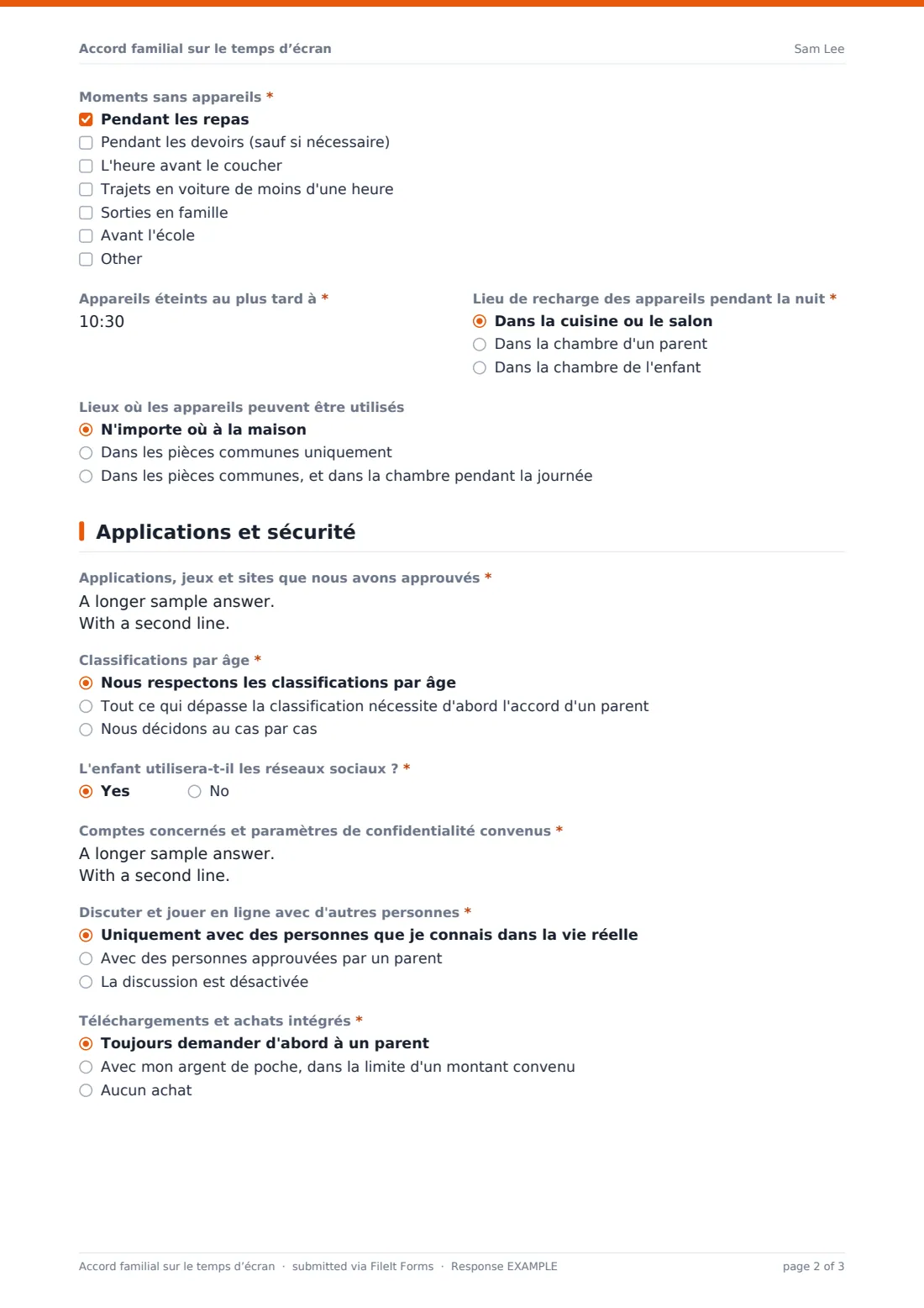 Accord familial sur le temps d’écran — exemple de réponse au format PDF, page 2 sur 3