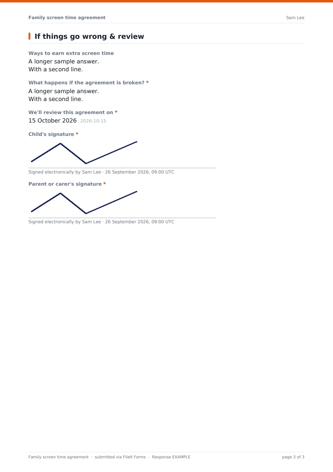 Family screen time agreement — example response PDF, page 3 of 3