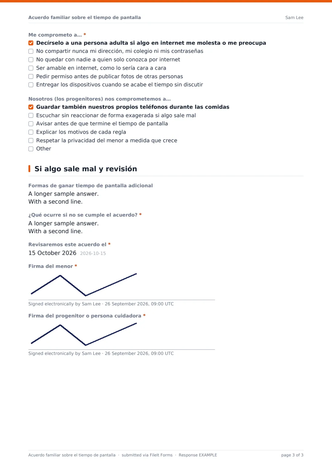 Acuerdo familiar sobre el tiempo de pantalla — PDF de respuesta de ejemplo, página 3 de 3