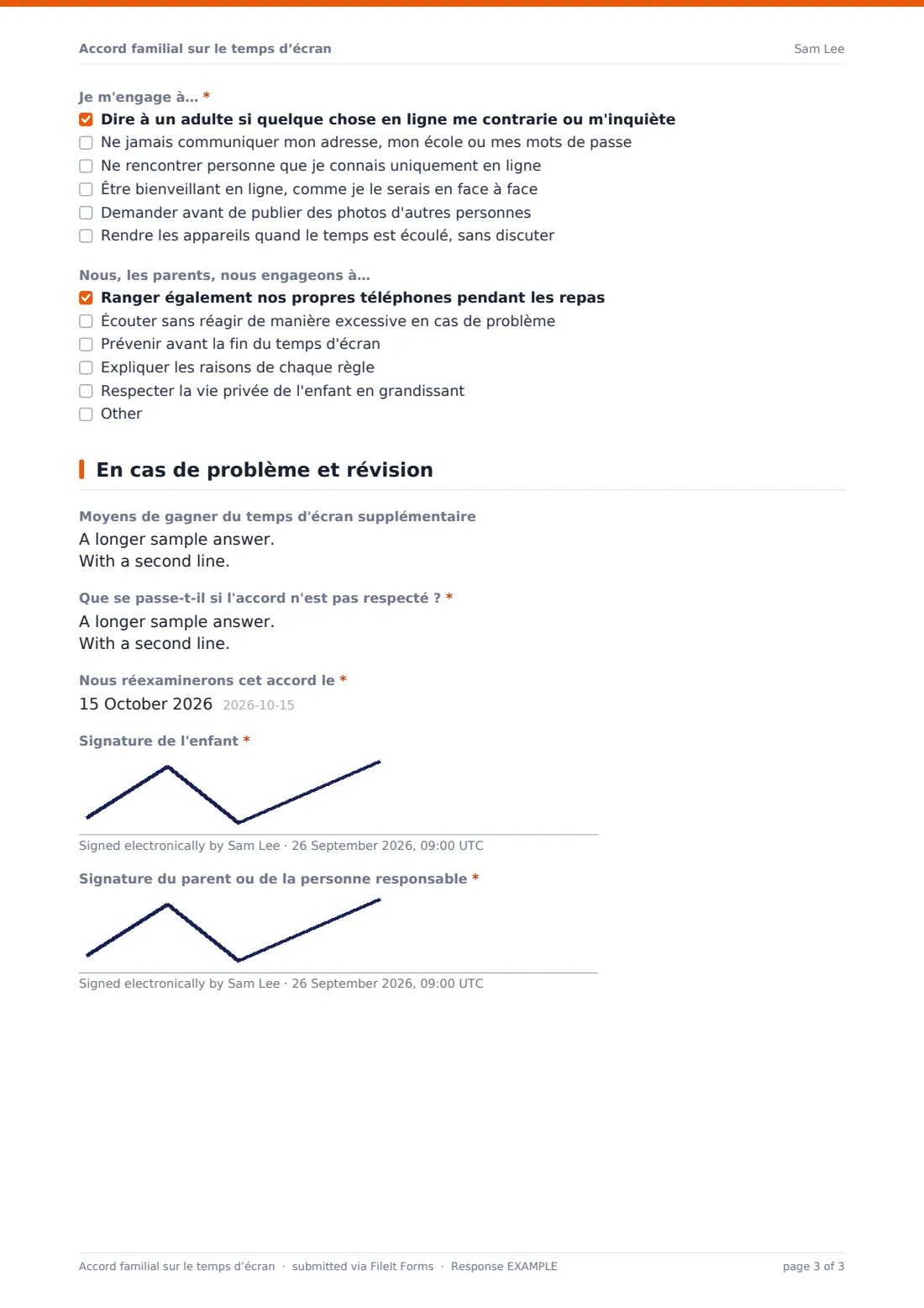 Accord familial sur le temps d’écran — exemple de réponse au format PDF, page 3 sur 3