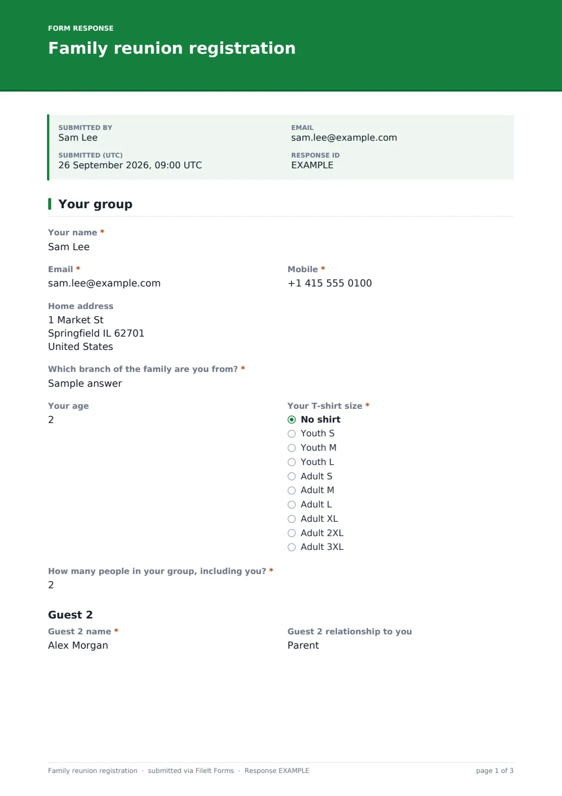 Family reunion registration — example response PDF, page 1 of 3