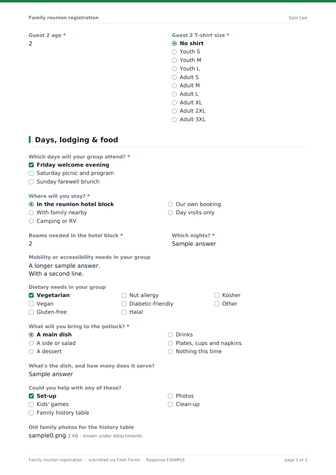 Family reunion registration — example response PDF, page 2 of 3