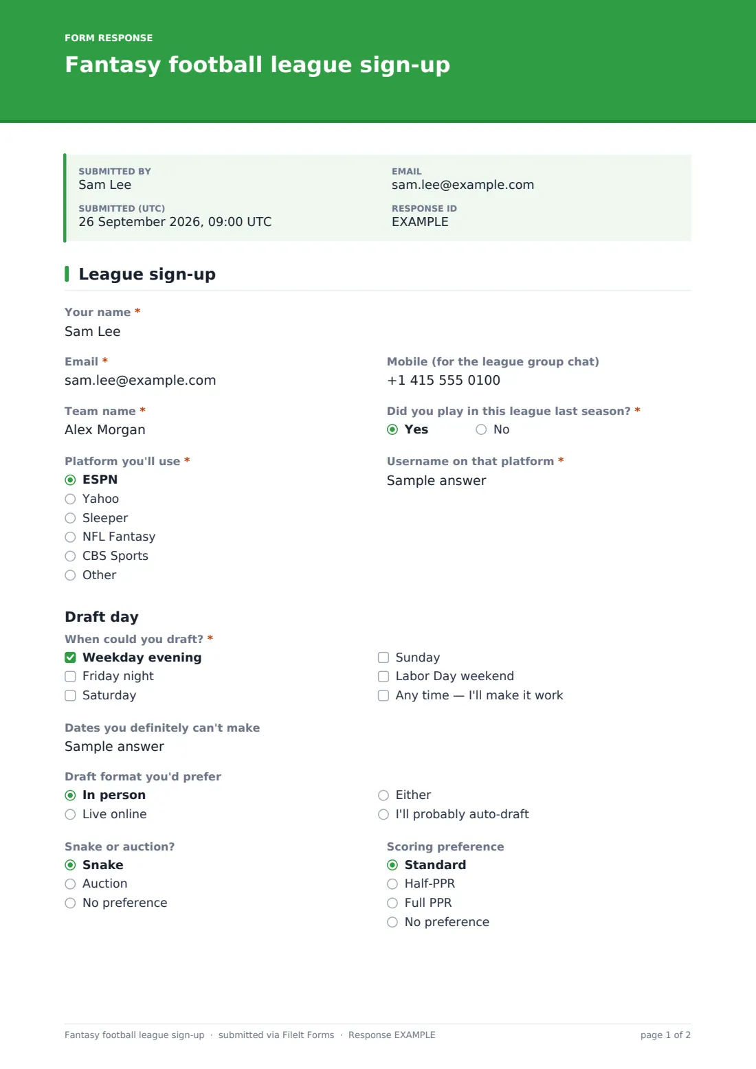 Fantasy football league sign-up — example response PDF, page 1 of 2