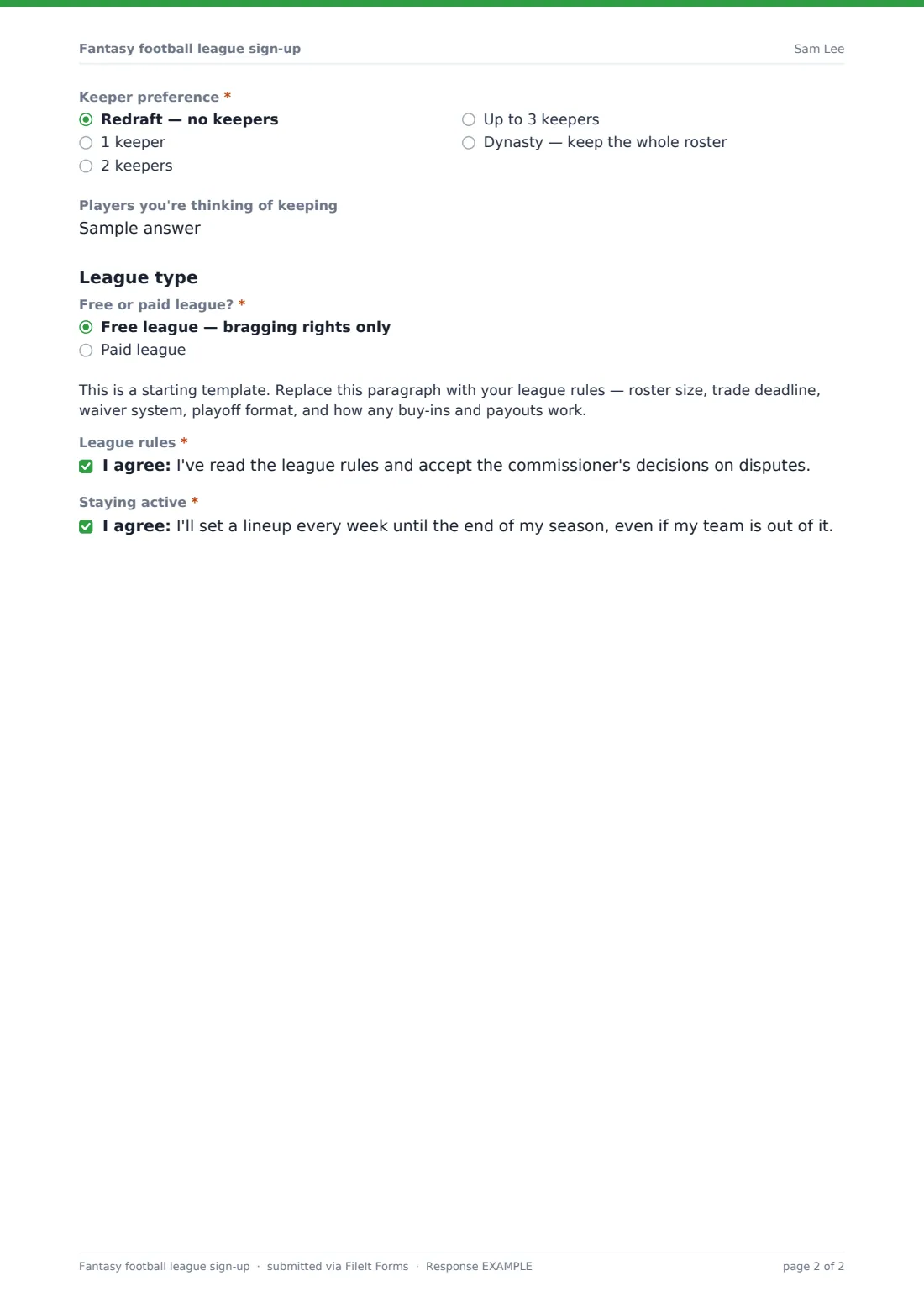 Fantasy football league sign-up — example response PDF, page 2 of 2