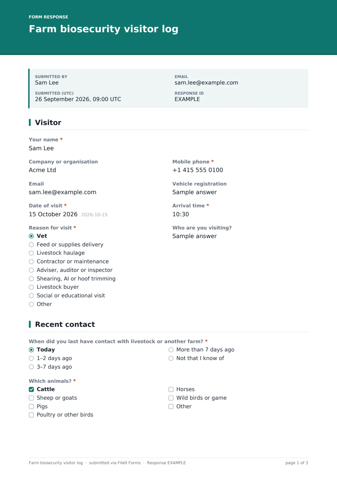 Farm biosecurity visitor log — example response PDF, page 1 of 3