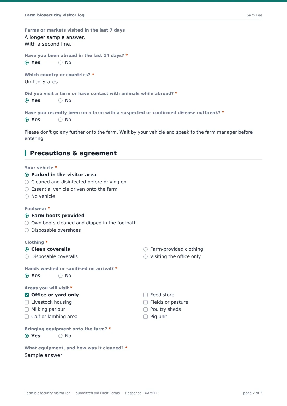 Farm biosecurity visitor log — example response PDF, page 2 of 3
