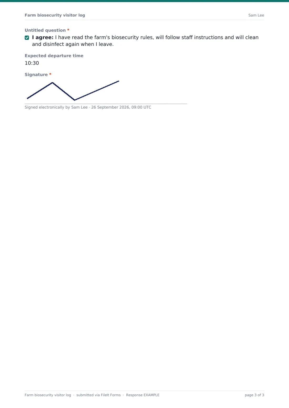 Farm biosecurity visitor log — example response PDF, page 3 of 3