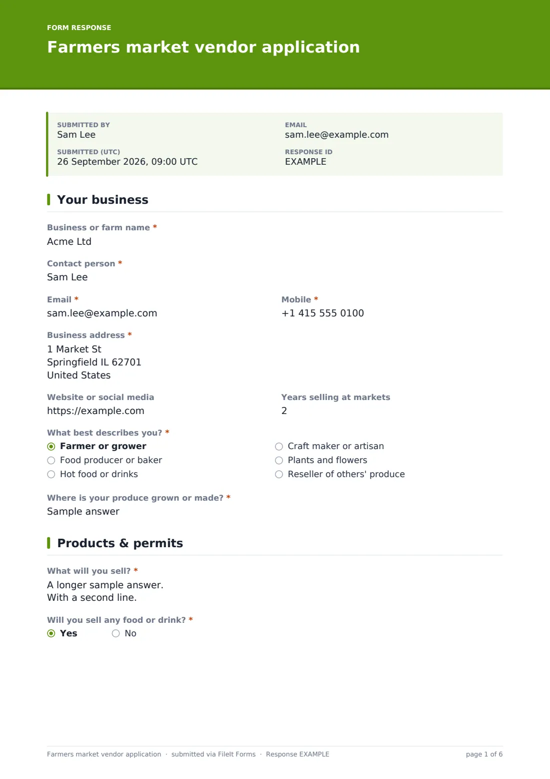 Farmers market vendor application — example response PDF, page 1 of 6