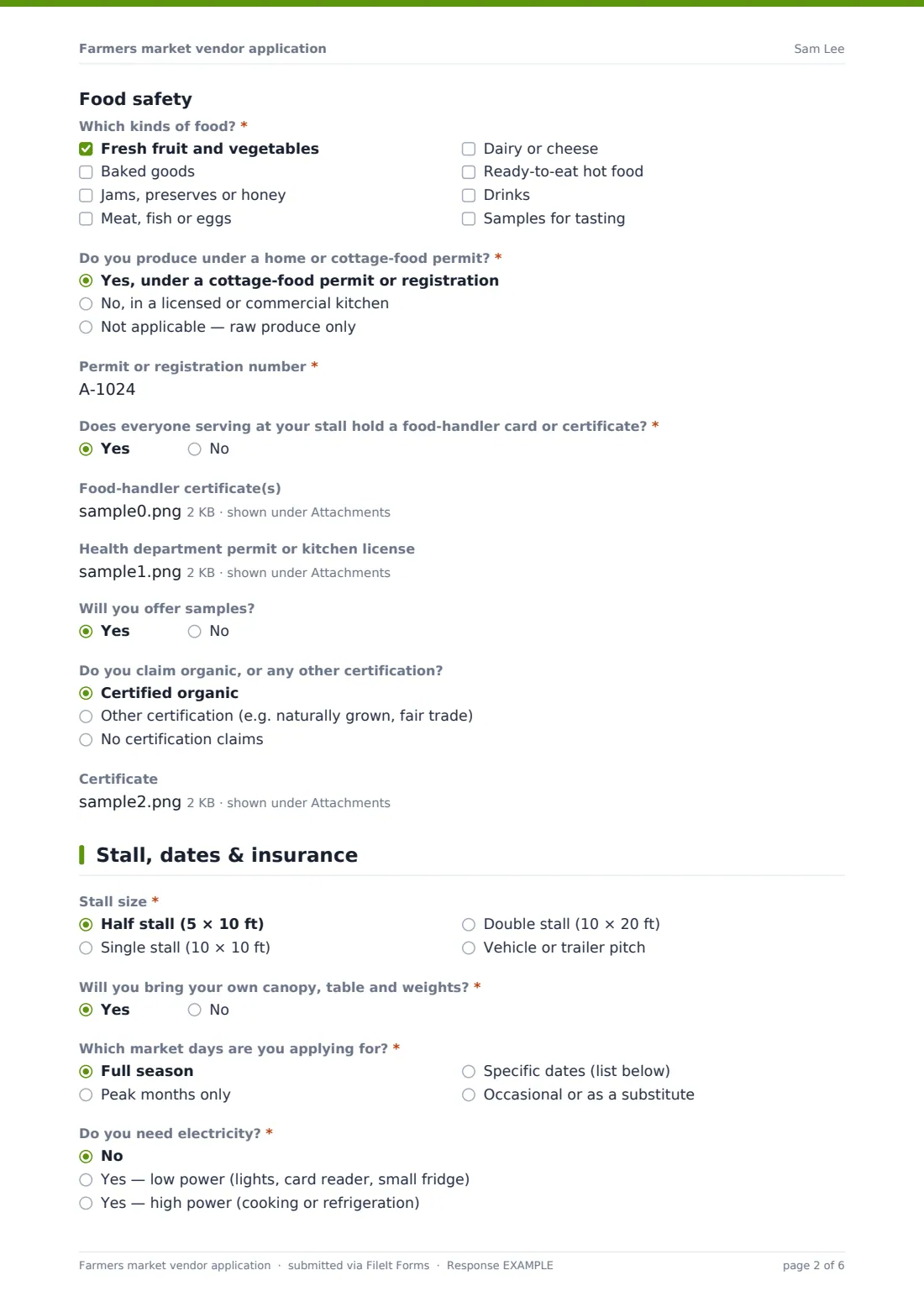 Farmers market vendor application — example response PDF, page 2 of 6