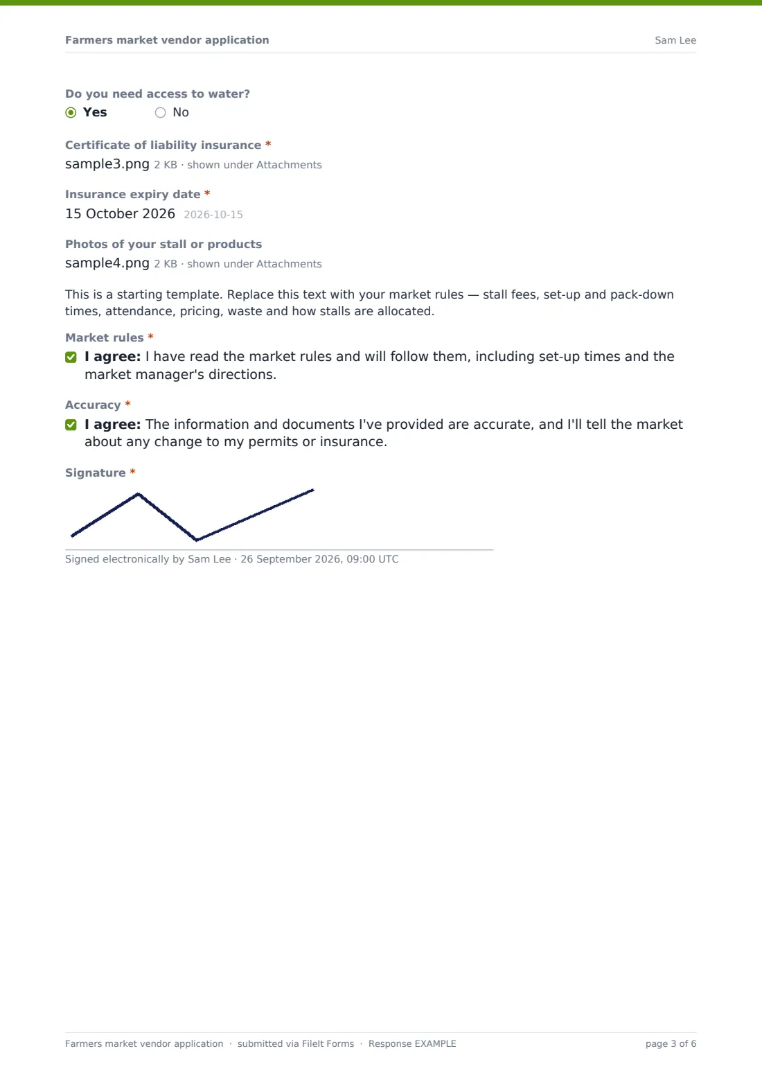 Farmers market vendor application — example response PDF, page 3 of 6