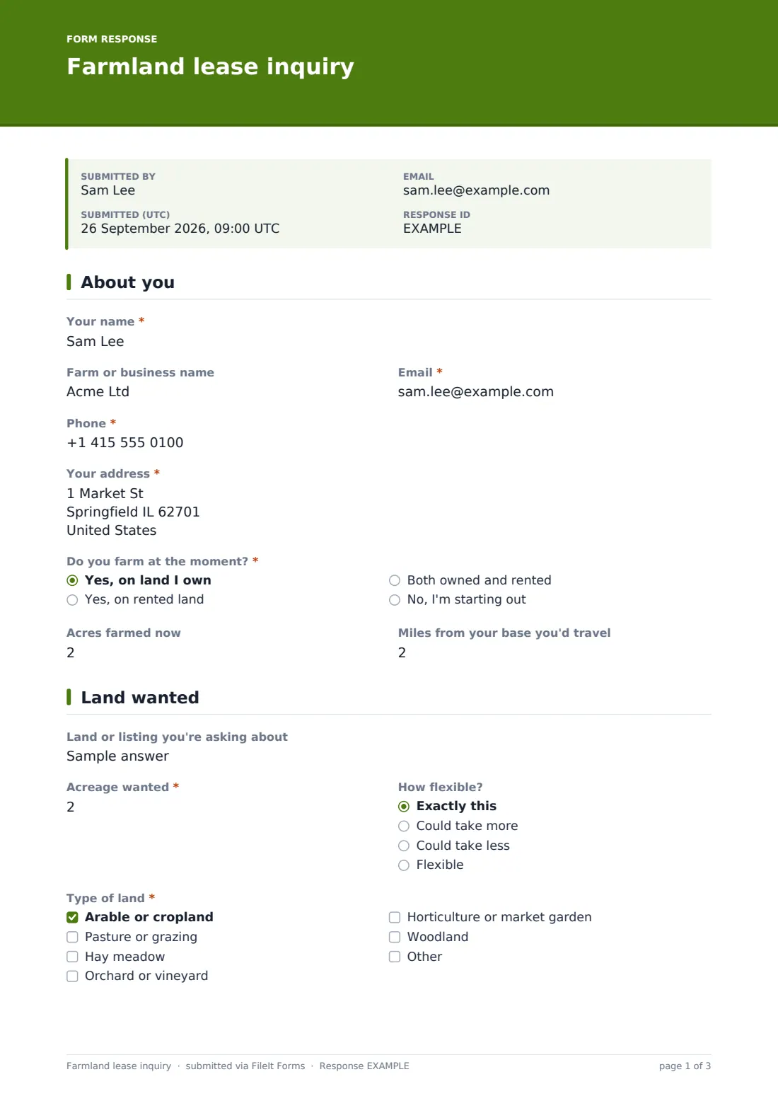 Farmland lease inquiry — example response PDF, page 1 of 3