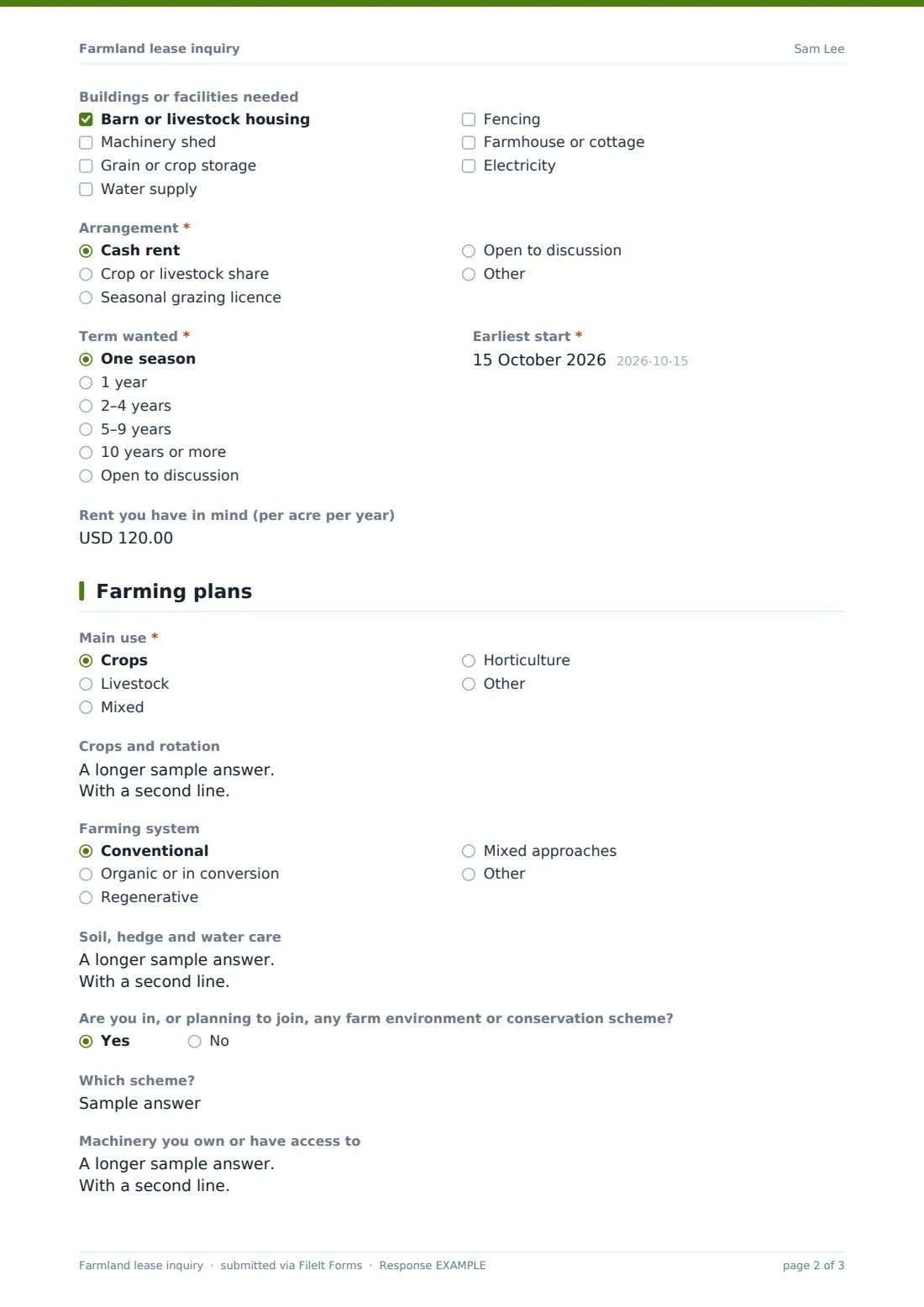 Farmland lease inquiry — example response PDF, page 2 of 3