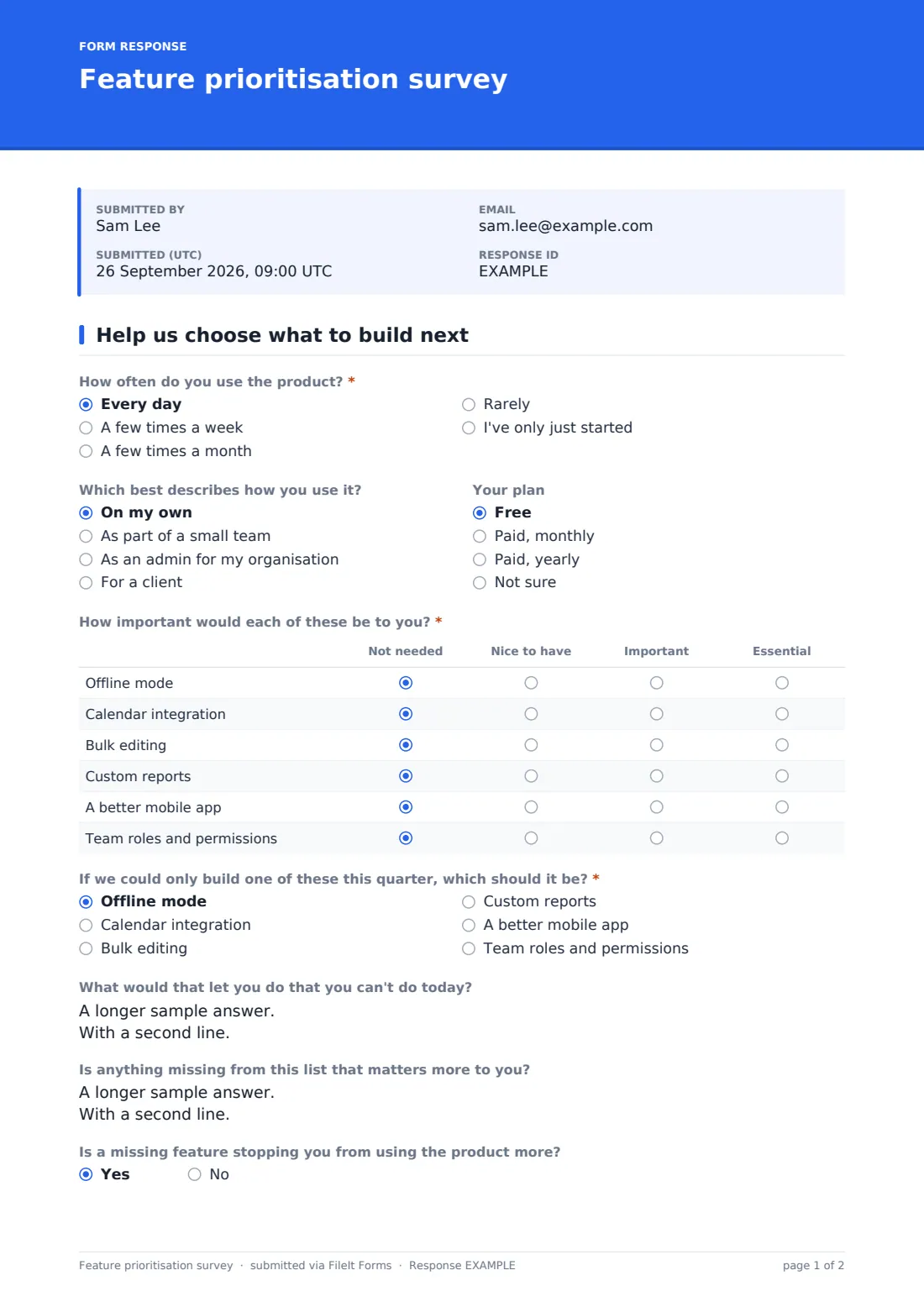 Feature prioritisation survey — example response PDF, page 1 of 2
