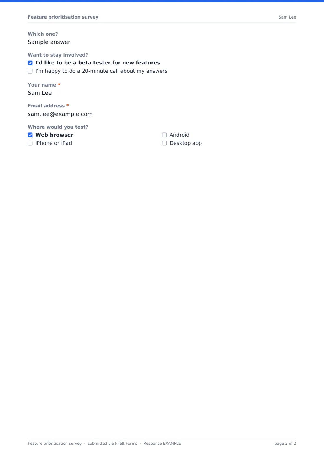 Feature prioritisation survey — example response PDF, page 2 of 2