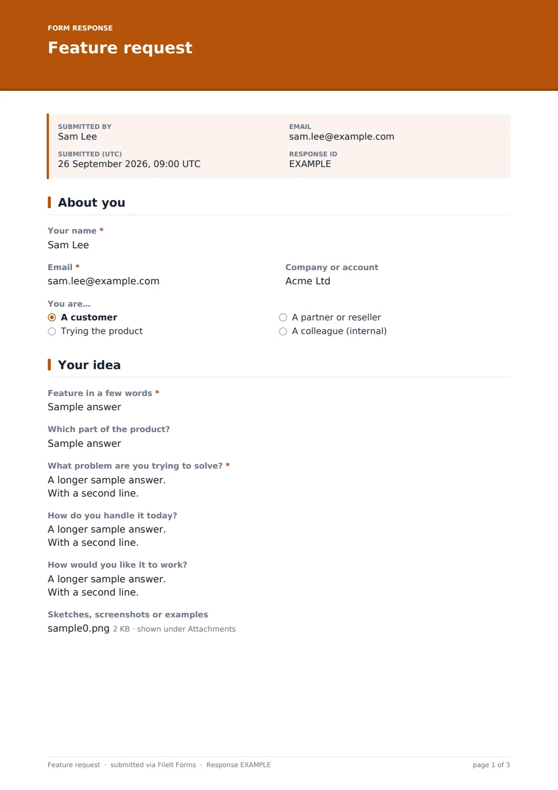 Feature request — example response PDF, page 1 of 3