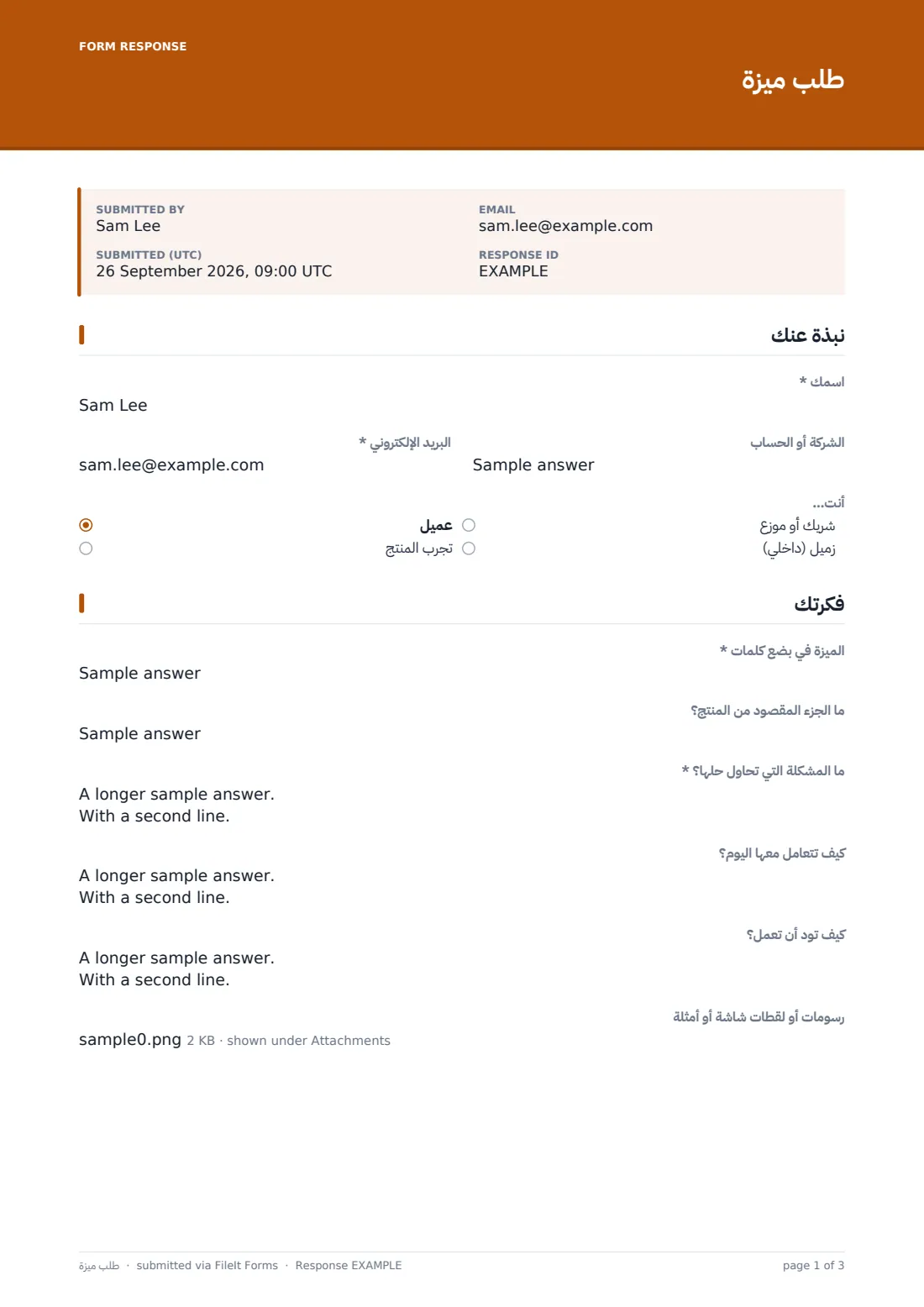 طلب ميزة — ملف PDF لرد نموذجي، الصفحة 1 من 3