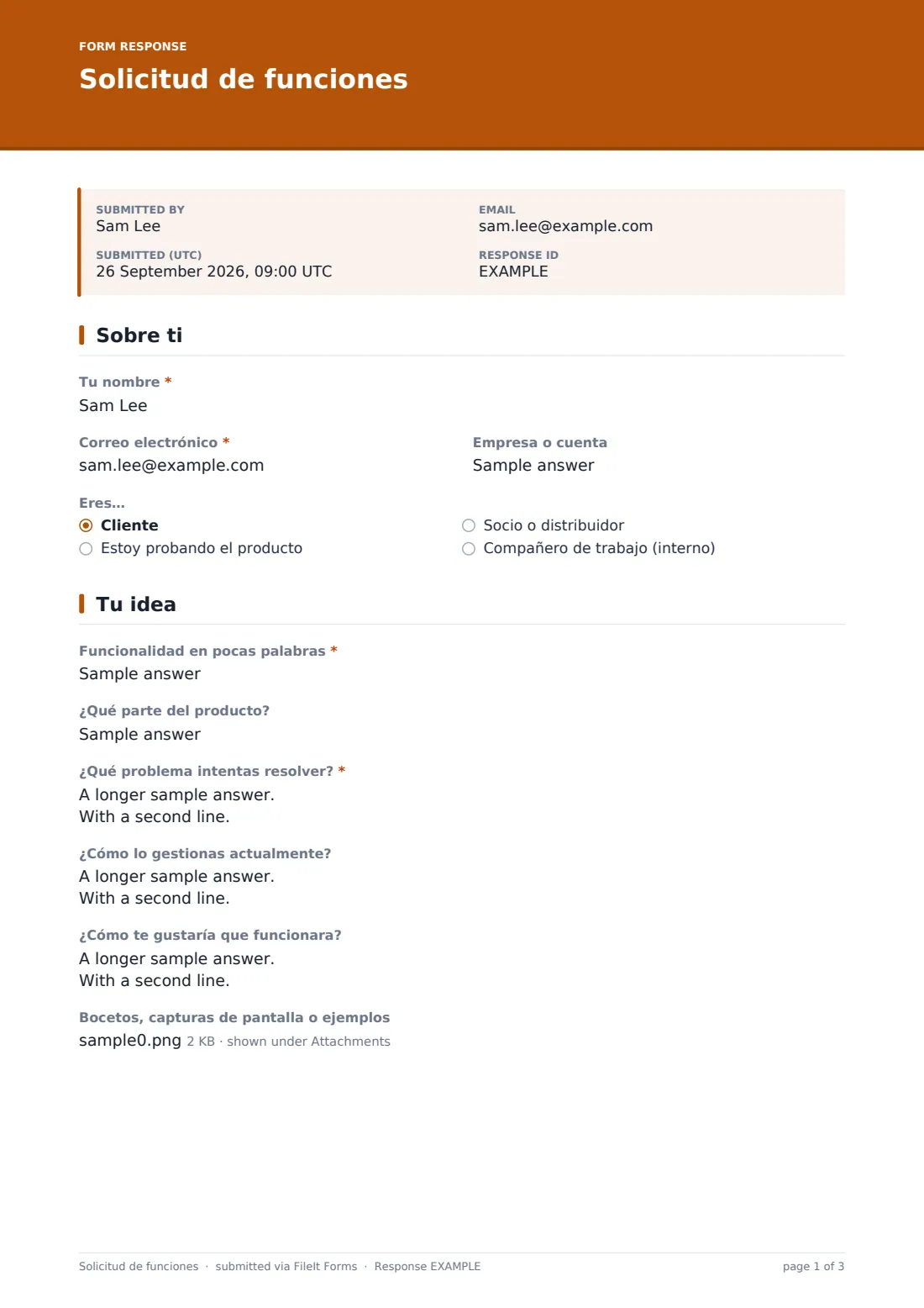 Solicitud de funciones — PDF de respuesta de ejemplo, página 1 de 3