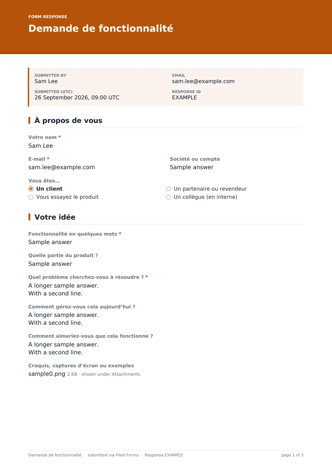 Demande de fonctionnalité — exemple de réponse au format PDF, page 1 sur 3