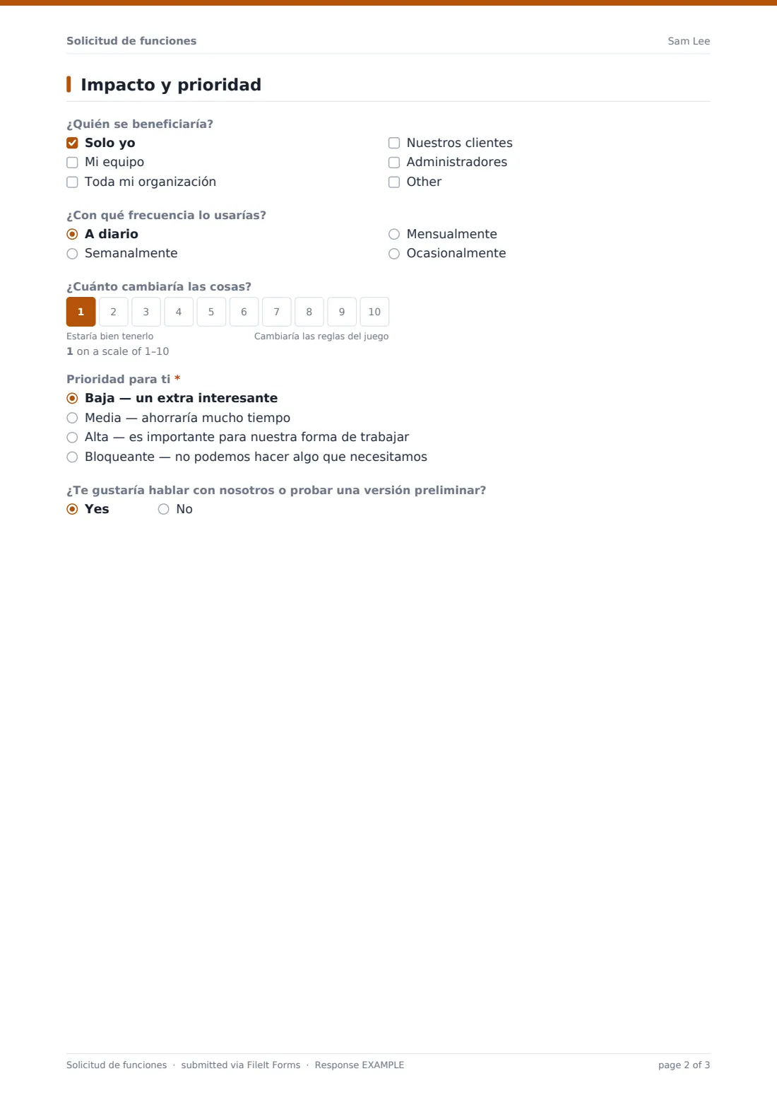 Solicitud de funciones — PDF de respuesta de ejemplo, página 2 de 3