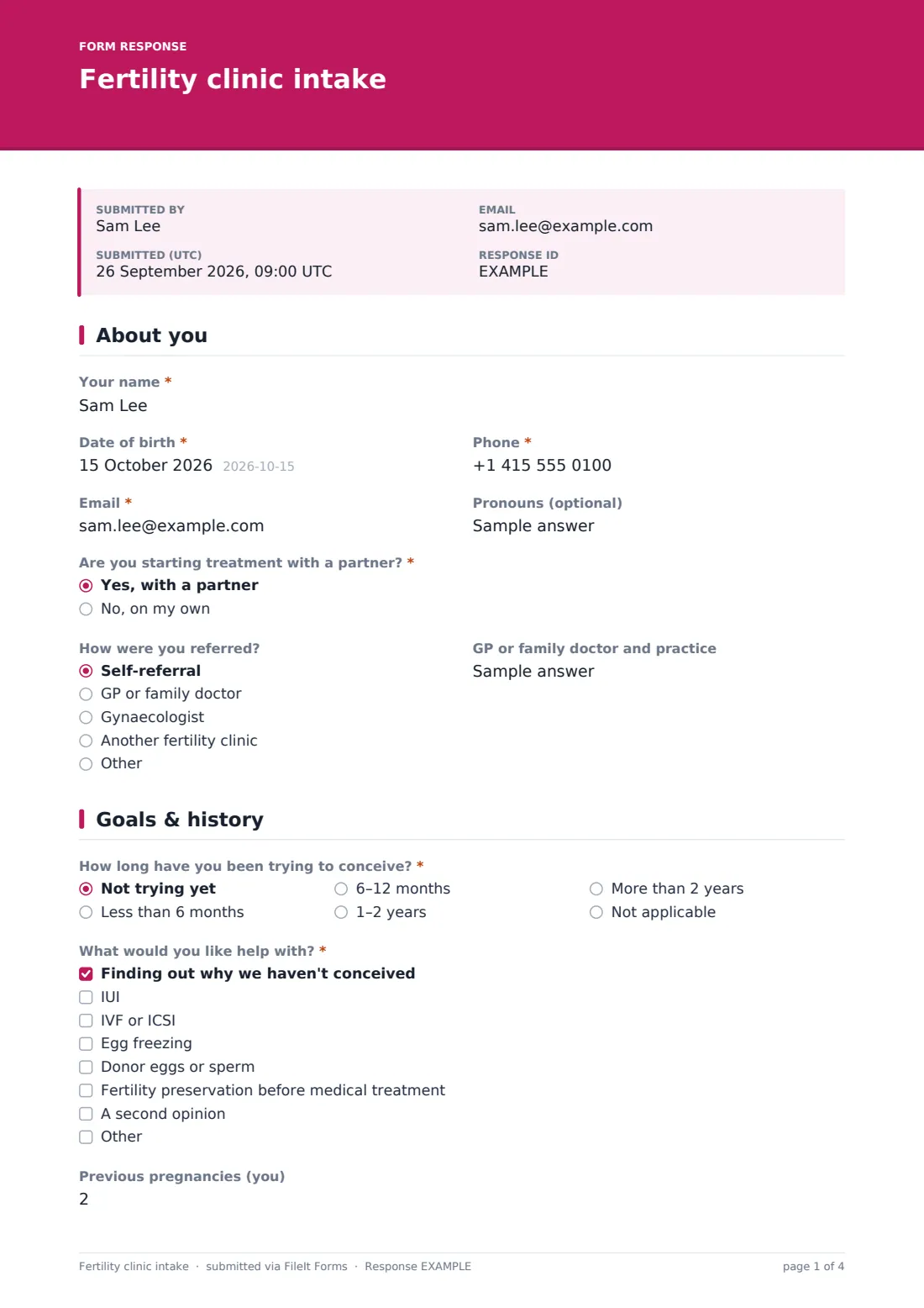 Fertility clinic intake — example response PDF, page 1 of 4
