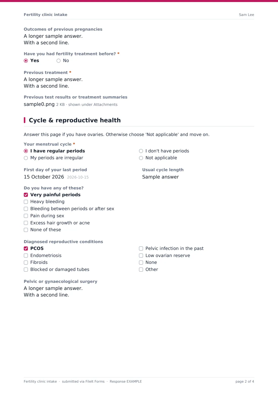 Fertility clinic intake — example response PDF, page 2 of 4