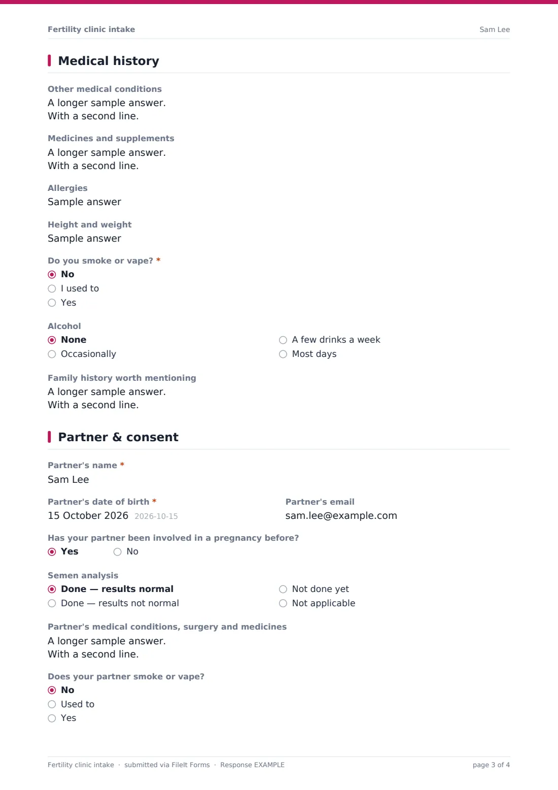 Fertility clinic intake — example response PDF, page 3 of 4