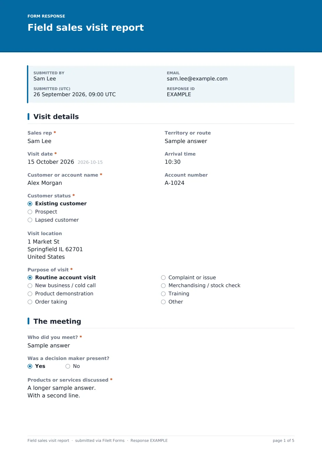 Field sales visit report — example response PDF, page 1 of 5