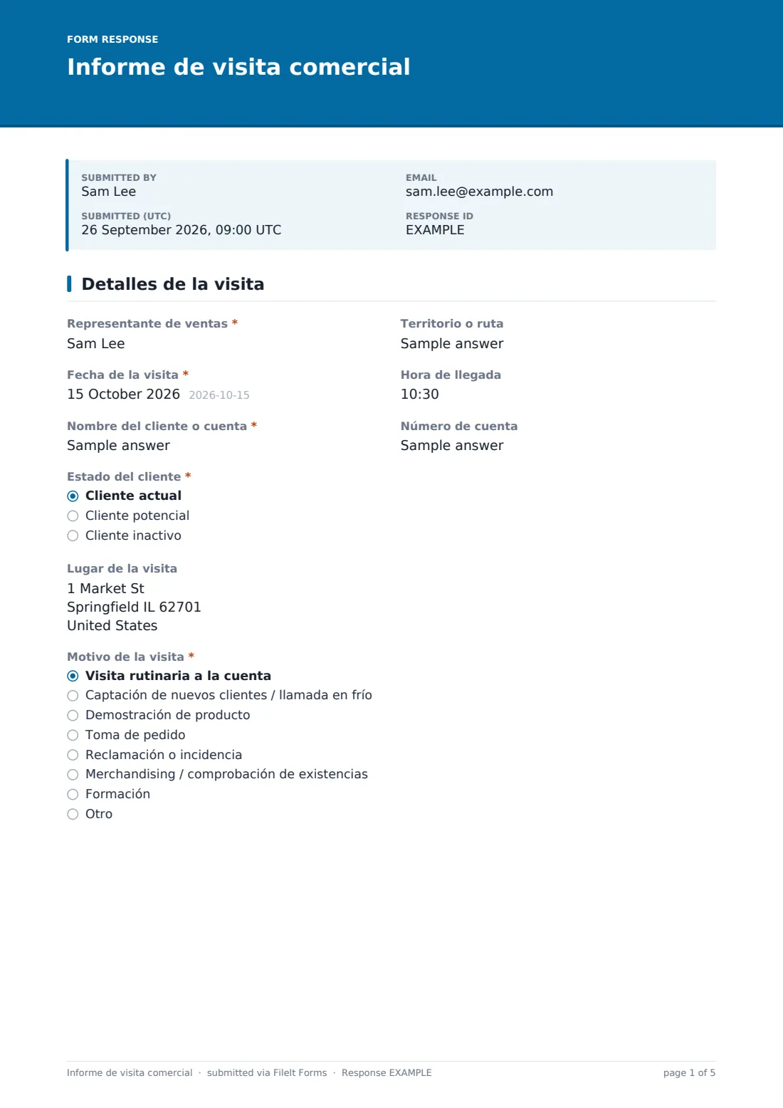 Informe de visita comercial — PDF de respuesta de ejemplo, página 1 de 5