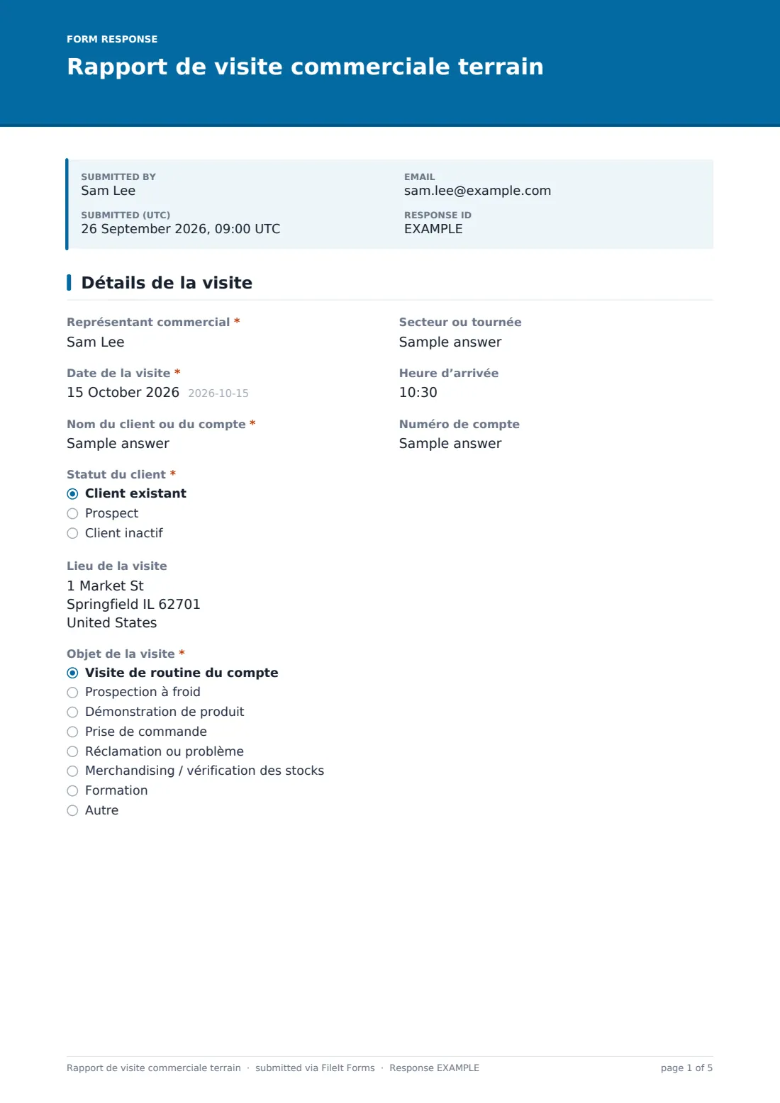 Rapport de visite commerciale terrain — exemple de réponse au format PDF, page 1 sur 5