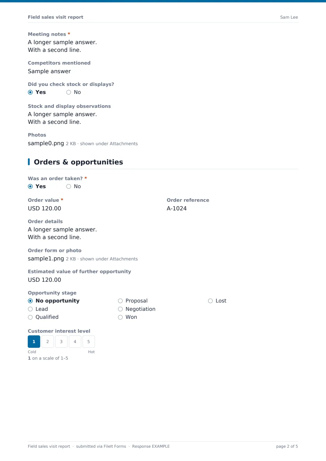 Field sales visit report — example response PDF, page 2 of 5