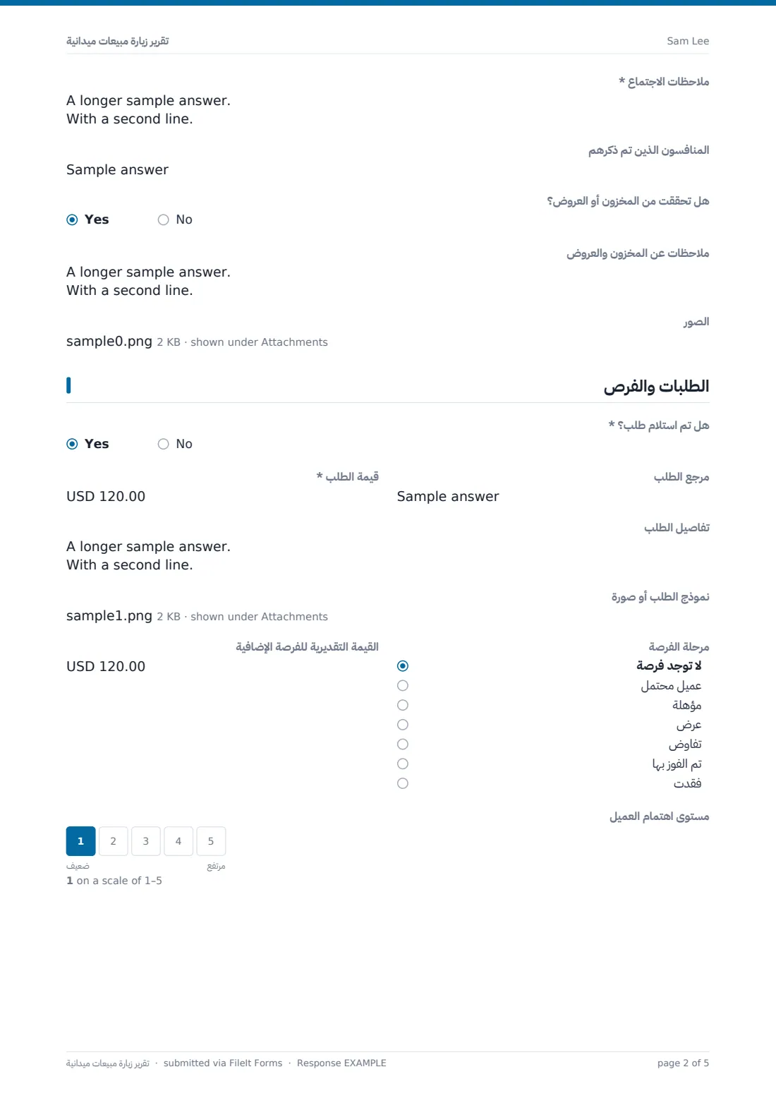 تقرير زيارة مبيعات ميدانية — ملف PDF لرد نموذجي، الصفحة 2 من 5