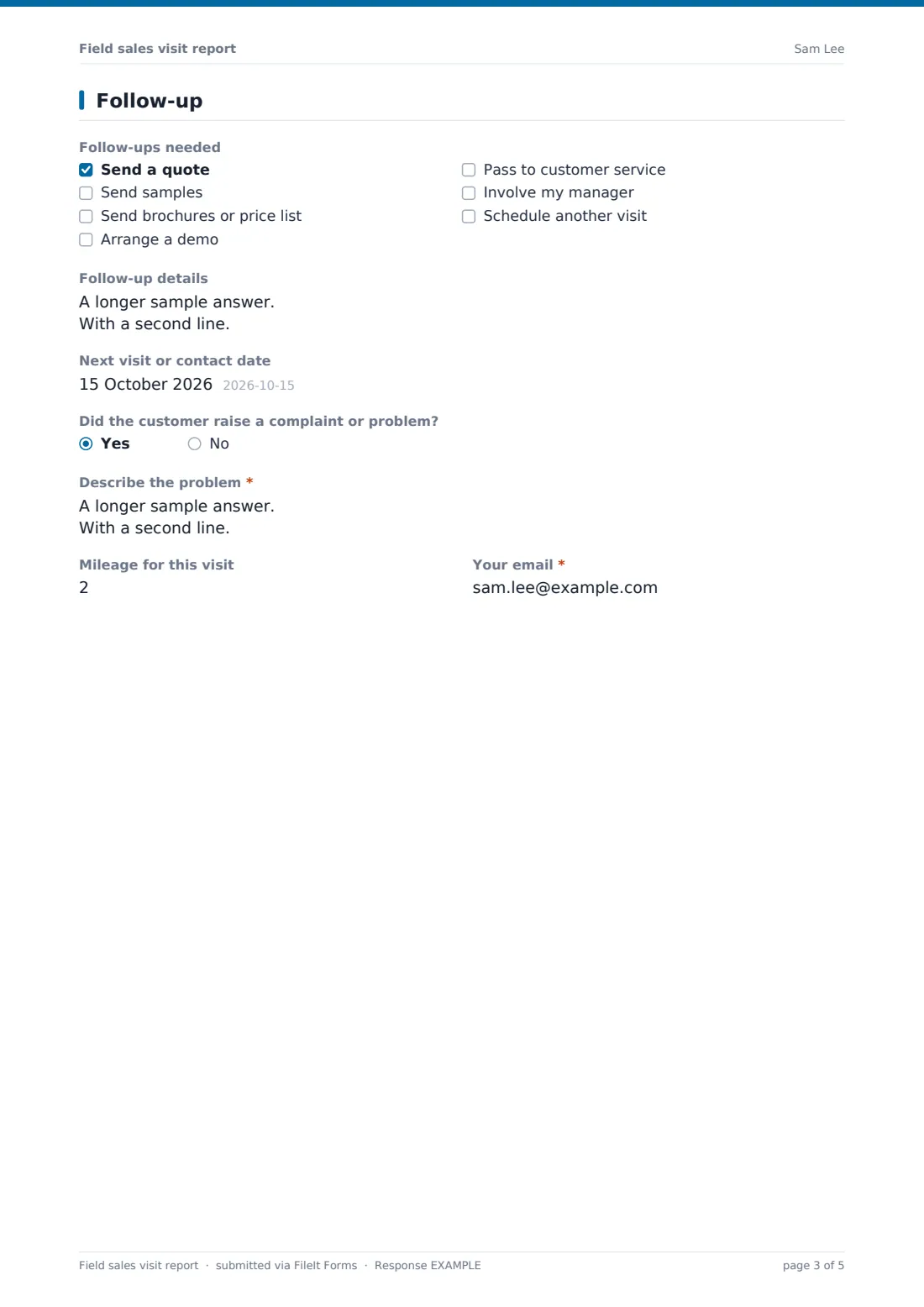 Field sales visit report — example response PDF, page 3 of 5