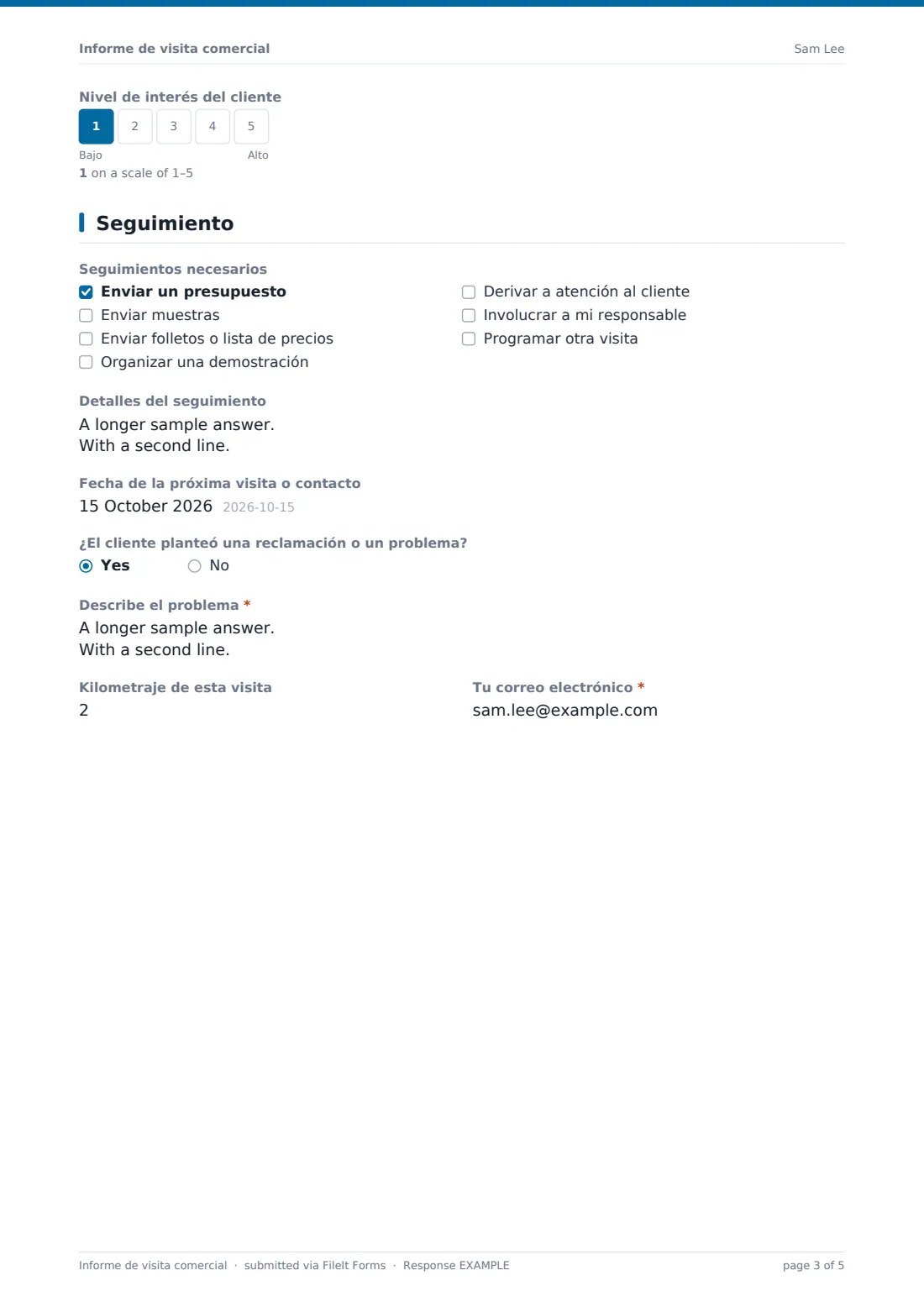 Informe de visita comercial — PDF de respuesta de ejemplo, página 3 de 5