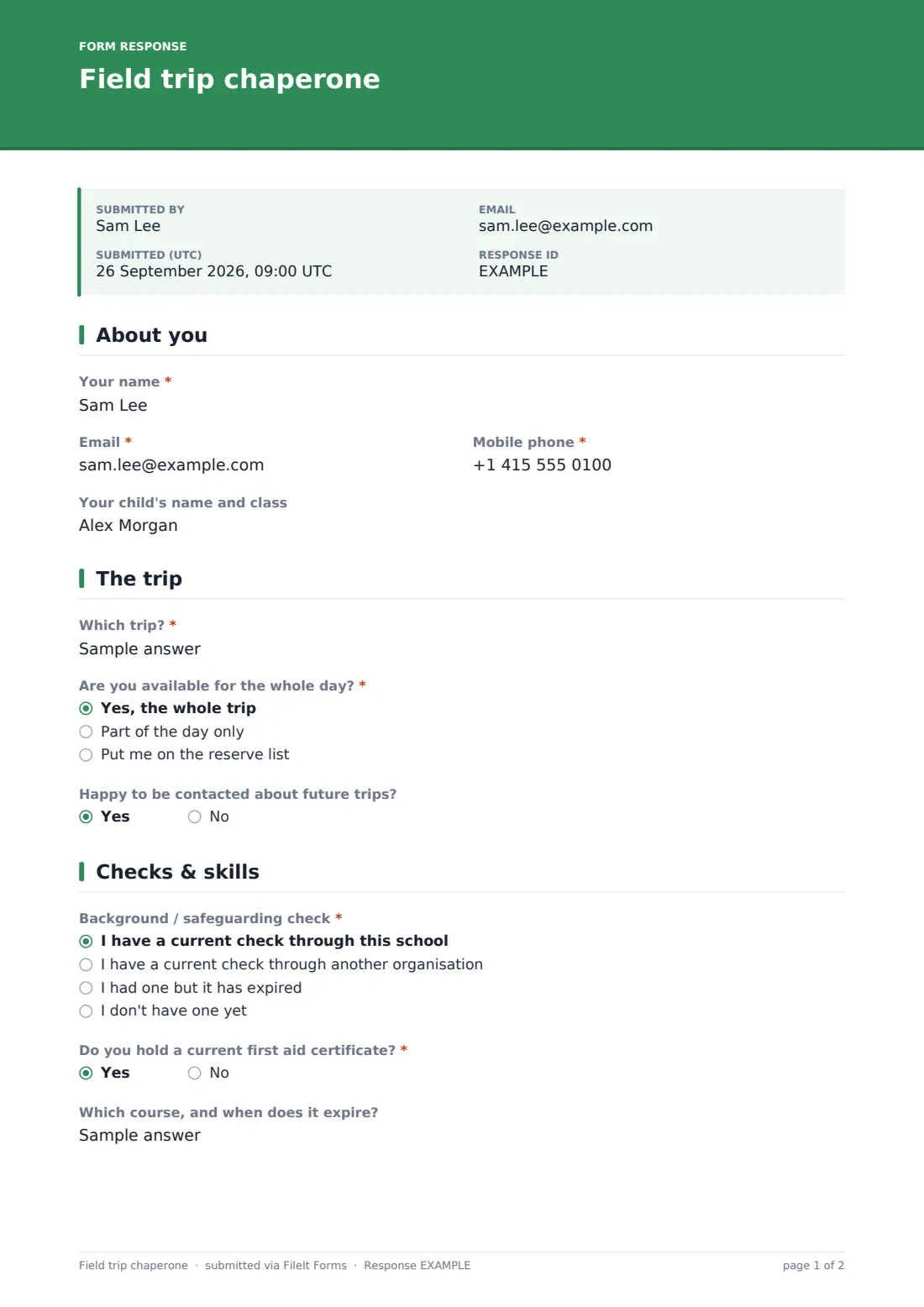 Field trip chaperone — example response PDF, page 1 of 2