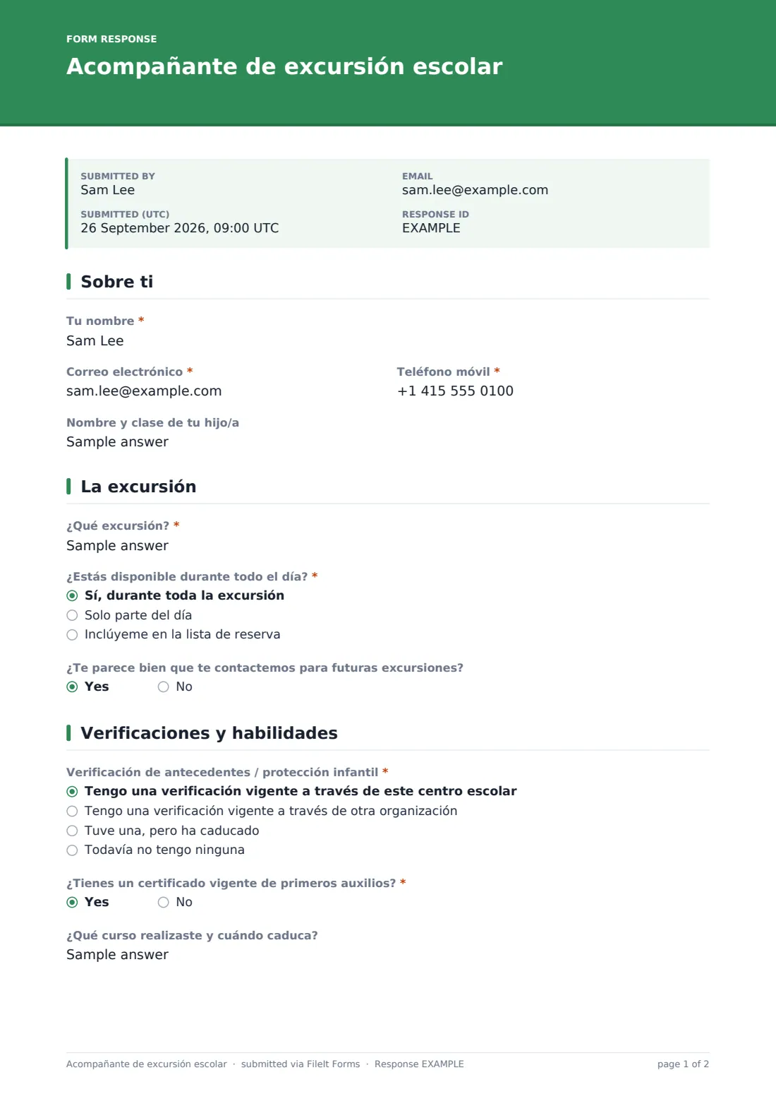 Acompañante de excursión escolar — PDF de respuesta de ejemplo, página 1 de 2