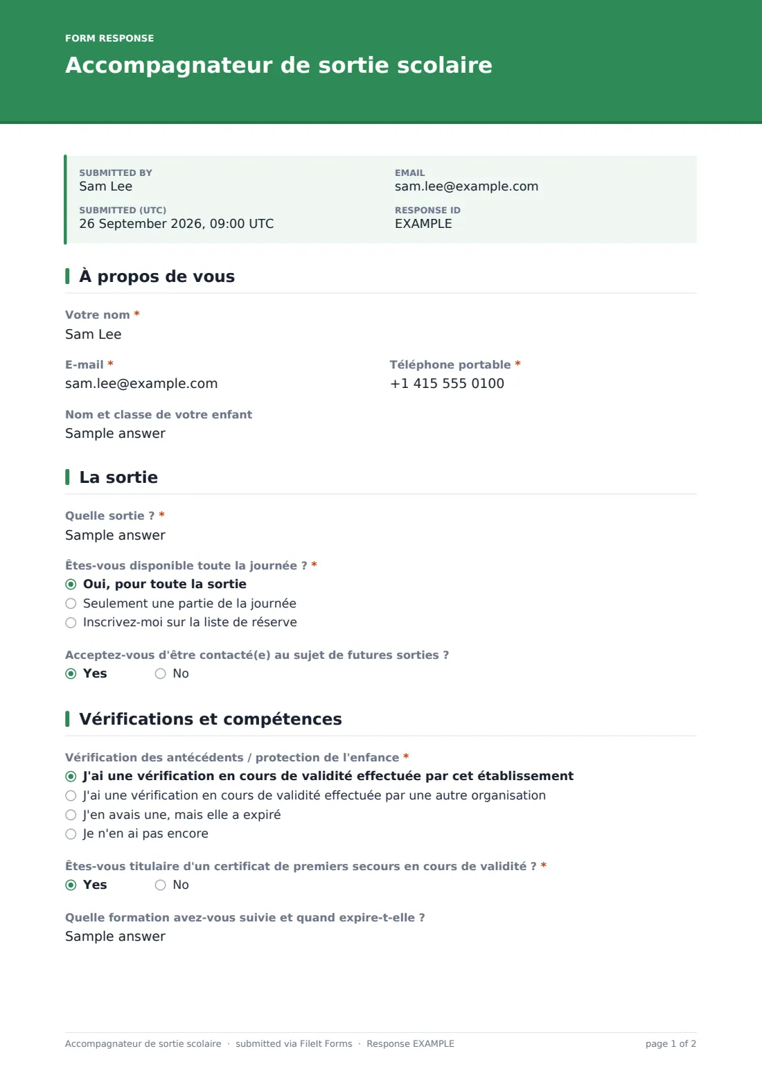 Accompagnateur de sortie scolaire — exemple de réponse au format PDF, page 1 sur 2