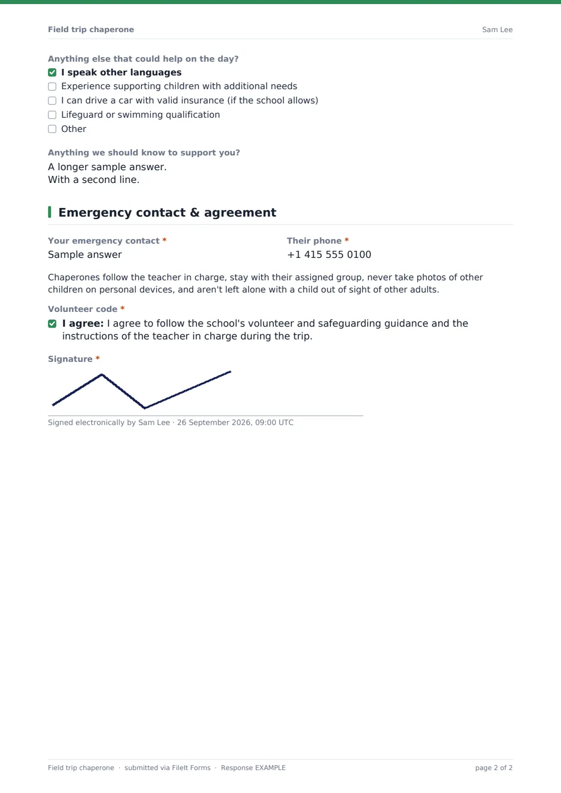 Field trip chaperone — example response PDF, page 2 of 2