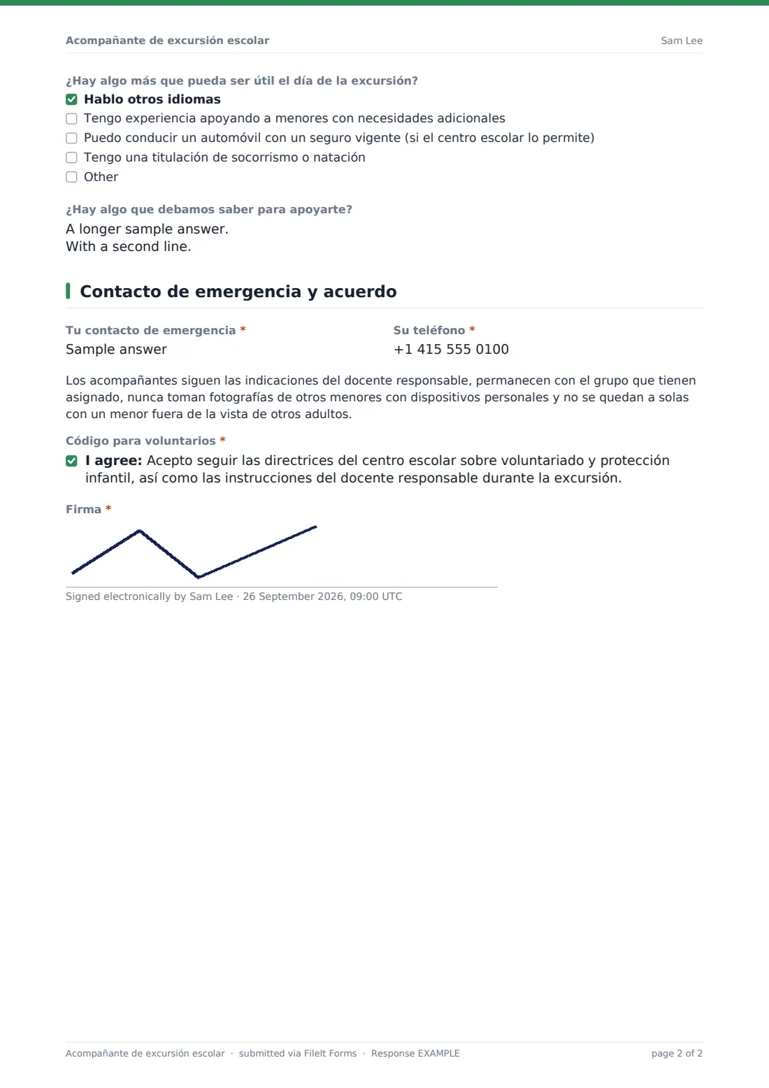 Acompañante de excursión escolar — PDF de respuesta de ejemplo, página 2 de 2