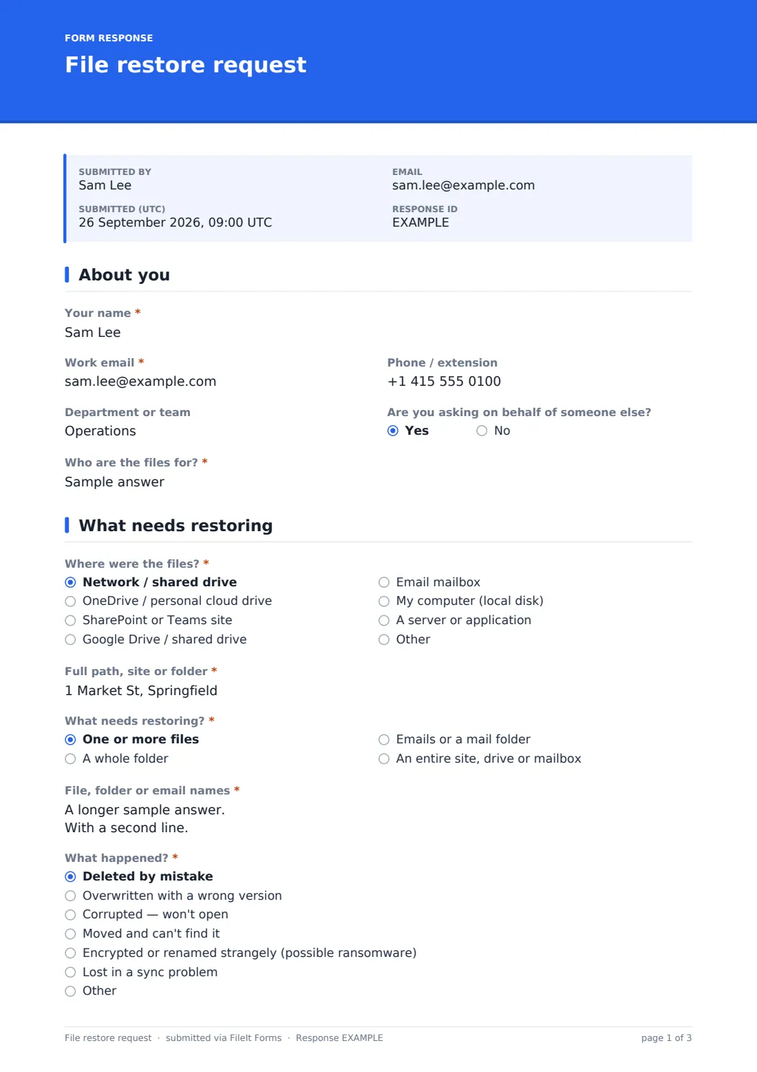 File restore request — example response PDF, page 1 of 3