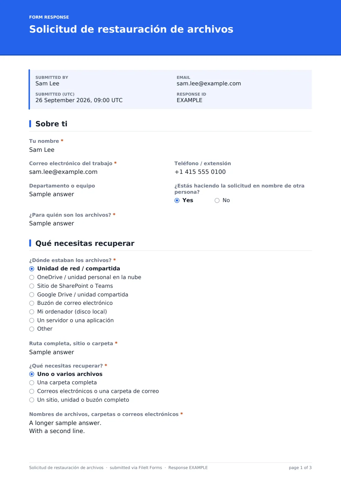 Solicitud de restauración de archivos — PDF de respuesta de ejemplo, página 1 de 3