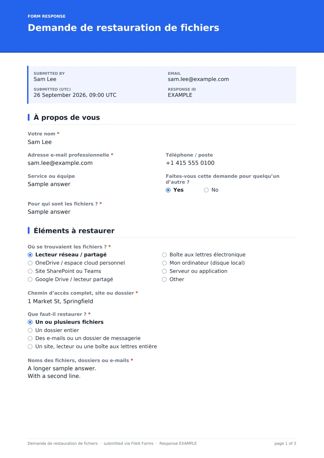 Demande de restauration de fichiers — exemple de réponse au format PDF, page 1 sur 3