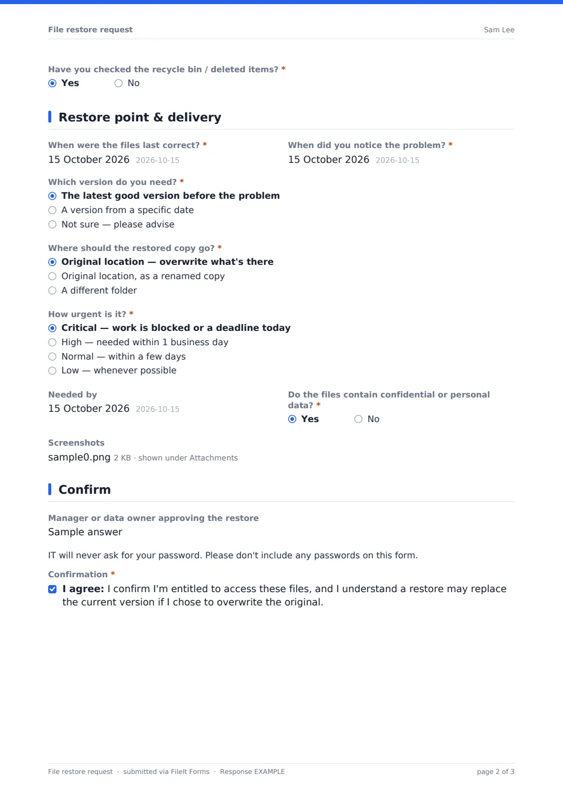 File restore request — example response PDF, page 2 of 3