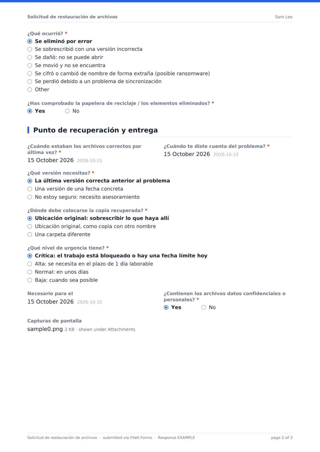 Solicitud de restauración de archivos — PDF de respuesta de ejemplo, página 2 de 3