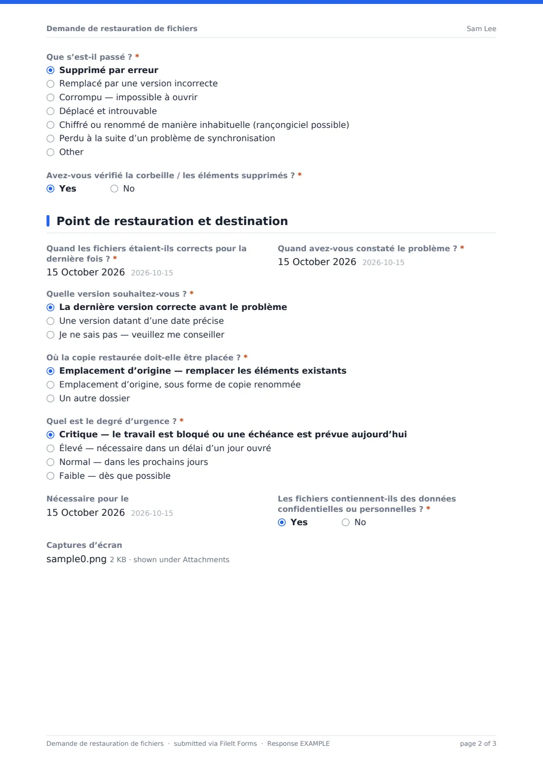 Demande de restauration de fichiers — exemple de réponse au format PDF, page 2 sur 3