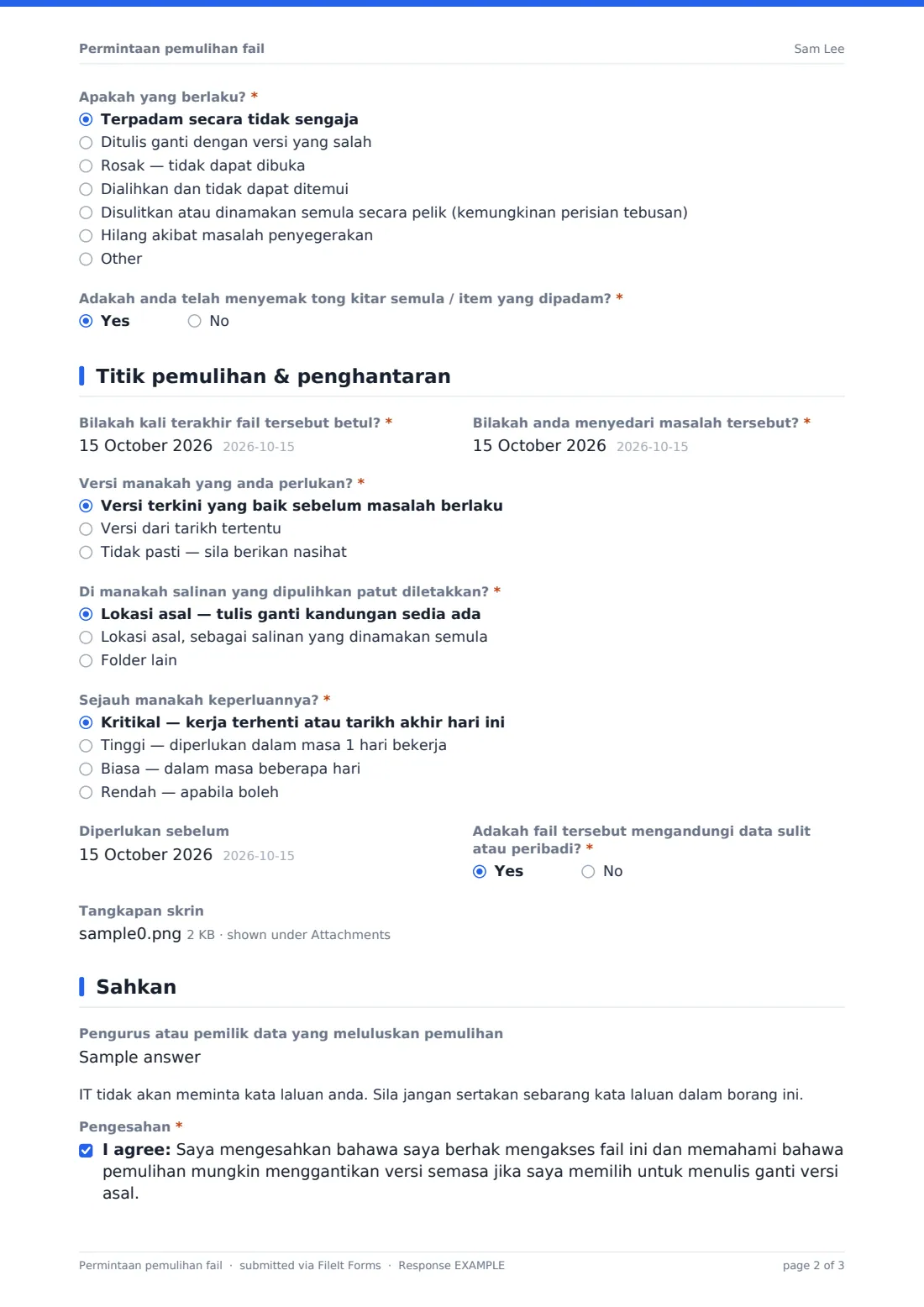 Permintaan pemulihan fail — PDF respons contoh, halaman 2 daripada 3