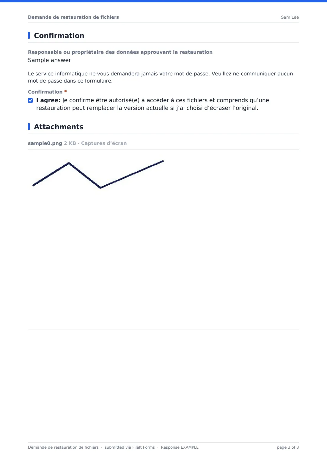 Demande de restauration de fichiers — exemple de réponse au format PDF, page 3 sur 3