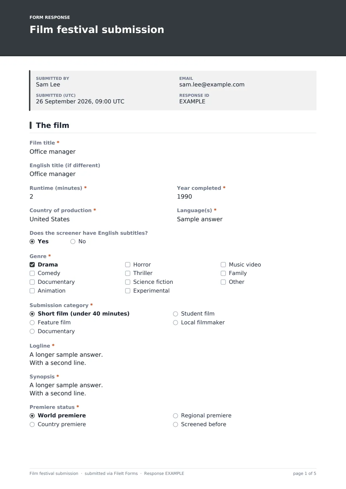 Film festival submission — example response PDF, page 1 of 5