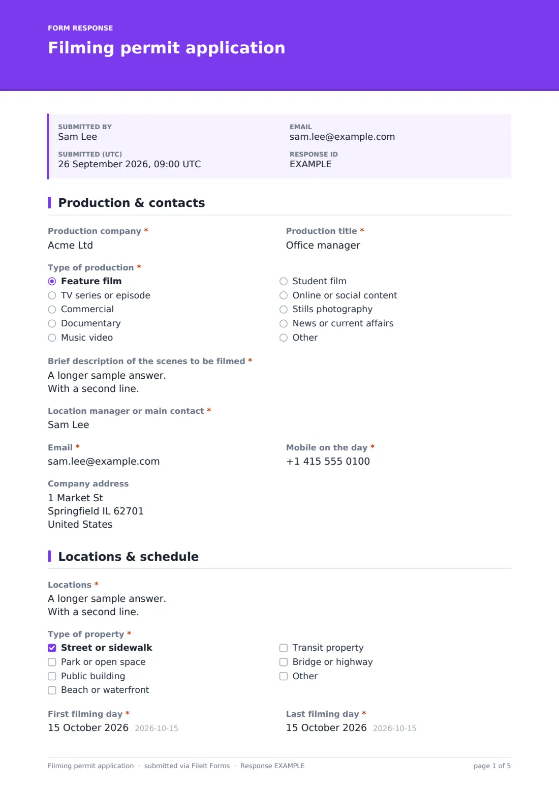 Filming permit application — example response PDF, page 1 of 5
