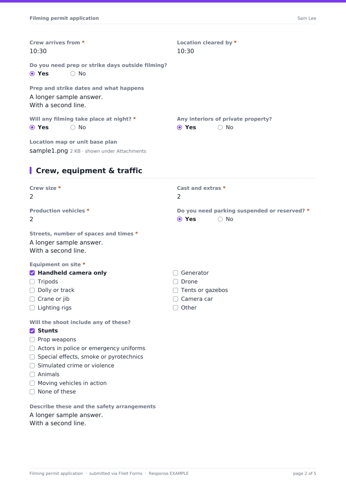 Filming permit application — example response PDF, page 2 of 5